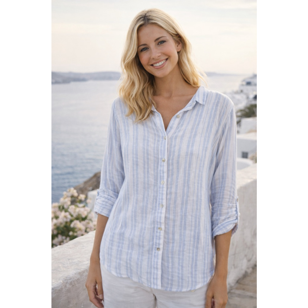 Sigrid Olsen Linen Button Up Shirt Coastal Striped Beach Resort Quiet Luxury 3X